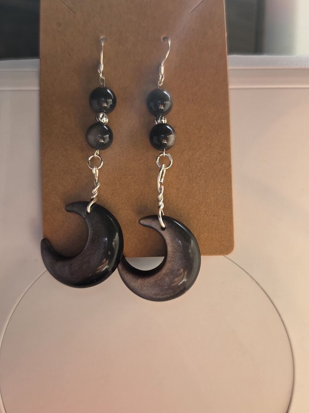 Handmade Silver Obsidian Crescent Moon Dangle Earrings